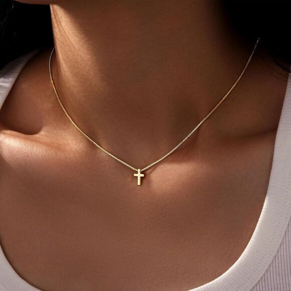 Christian Baptism Cross Necklace Dainty 14K Real Gold Plated Cross Pendant - Picture 4 of 5